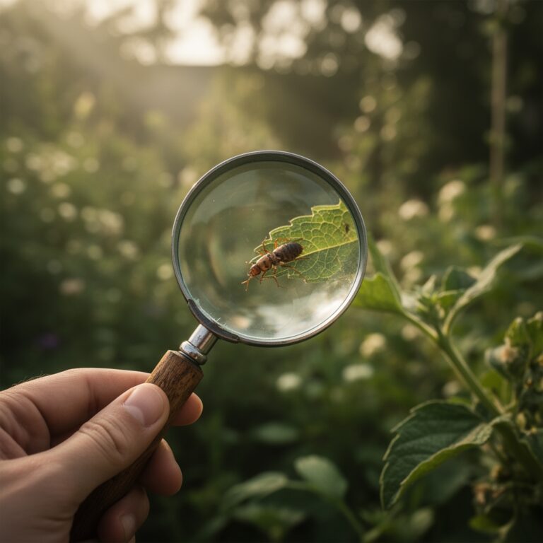 Using a magnifying glass for pest identification